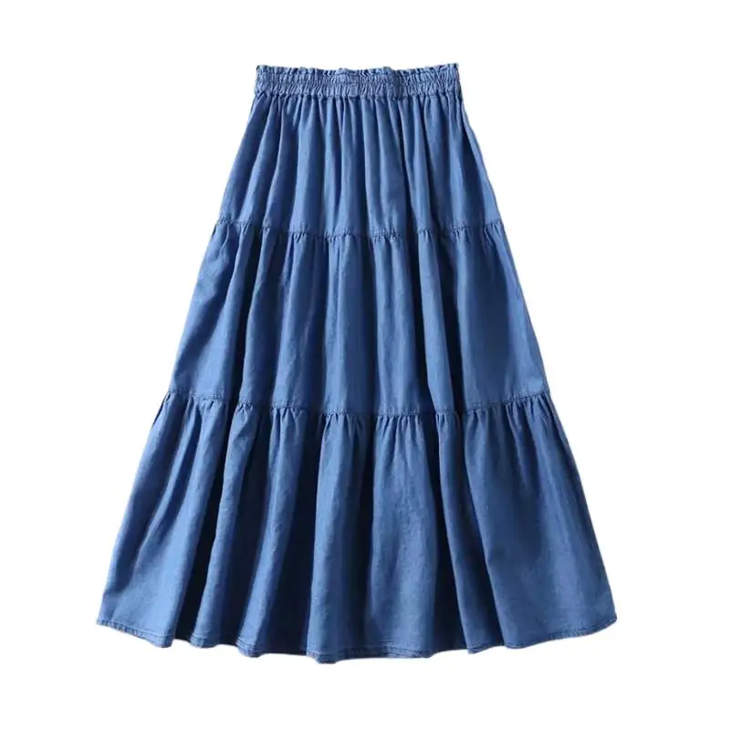 

2024 Summer Korean Style Women Denim Long Skirts Loose Ruffles Skirts High Elastic Waist Slim Skirts Plus Size Bottoms L-7XL