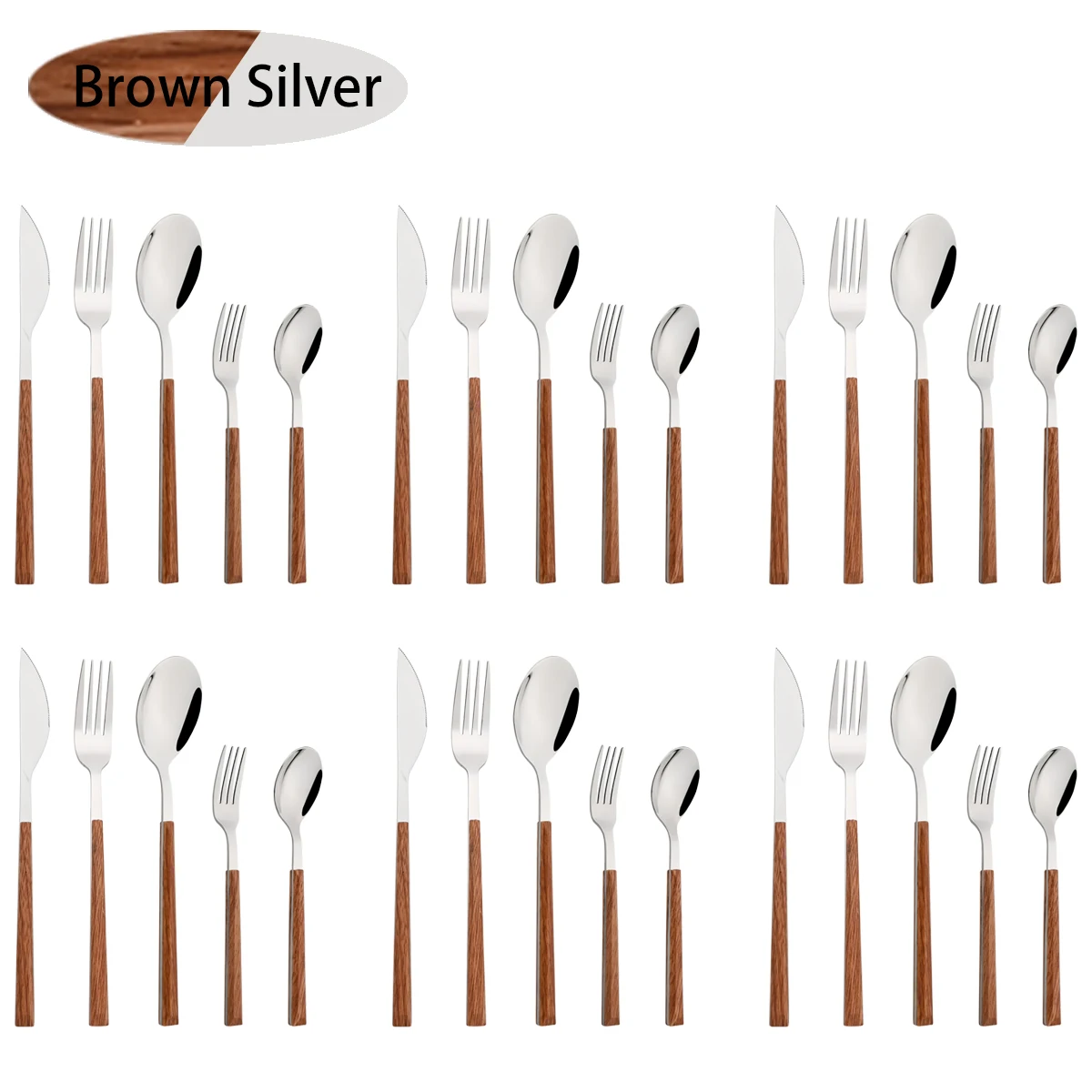 30Pcs Brown Silver Tableware Imitation Wood Handle Cutlery Set Knife Dessert Fork Spoon Dinnerware Set Stainless Steel Flatware