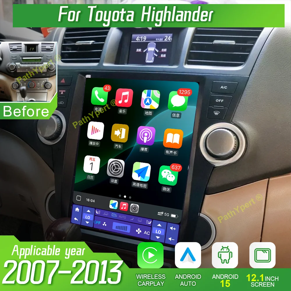 

Android 15 For Toyota Highlander 2007-2013 Car Multimedia Player Android Wireless Carplay Auto Display 2 Din GPS Navigation WiFi