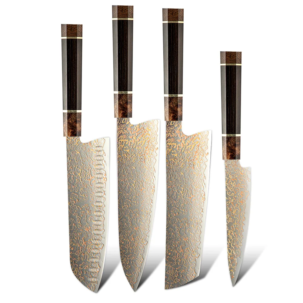 Amber New Arrival Three-color Copper 37 layers Damascus Steel VG10 Mirror polished blade Kitchen Chef Utility Knife Set