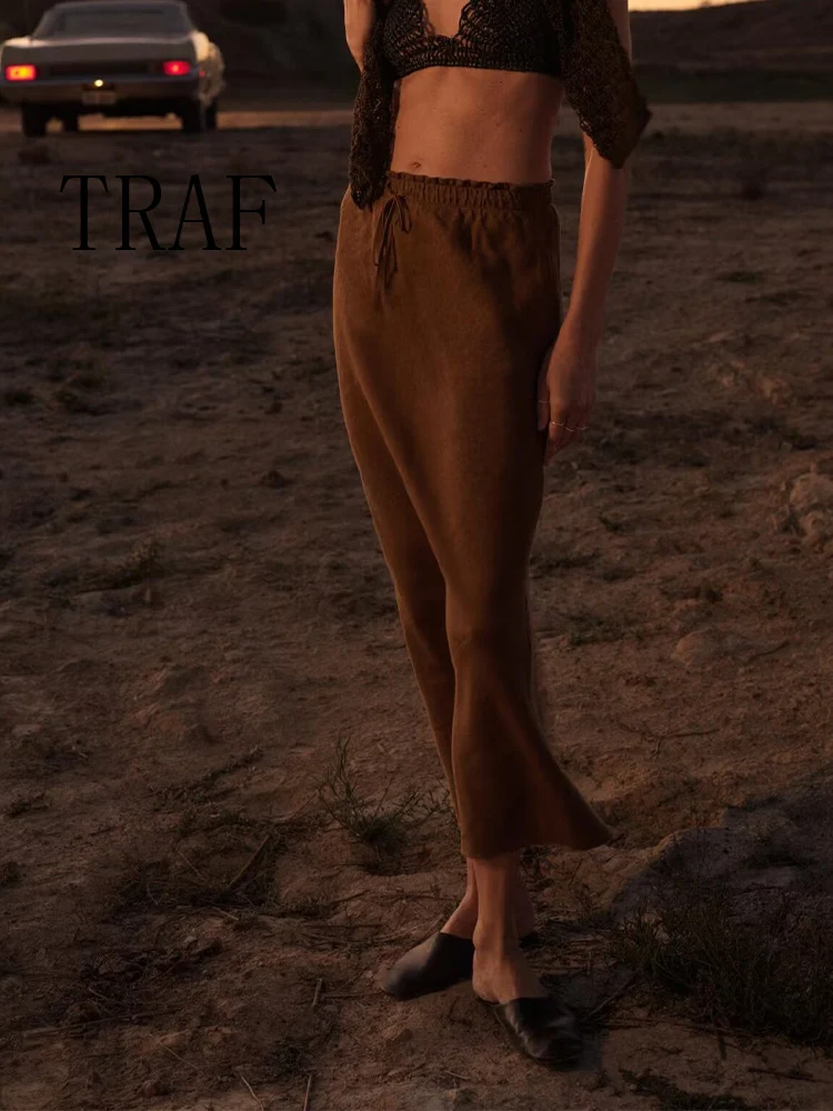 

TRAF European and American style summer new women's clothing simple lace-up linen blended mid-waist A-line hem midi skirt