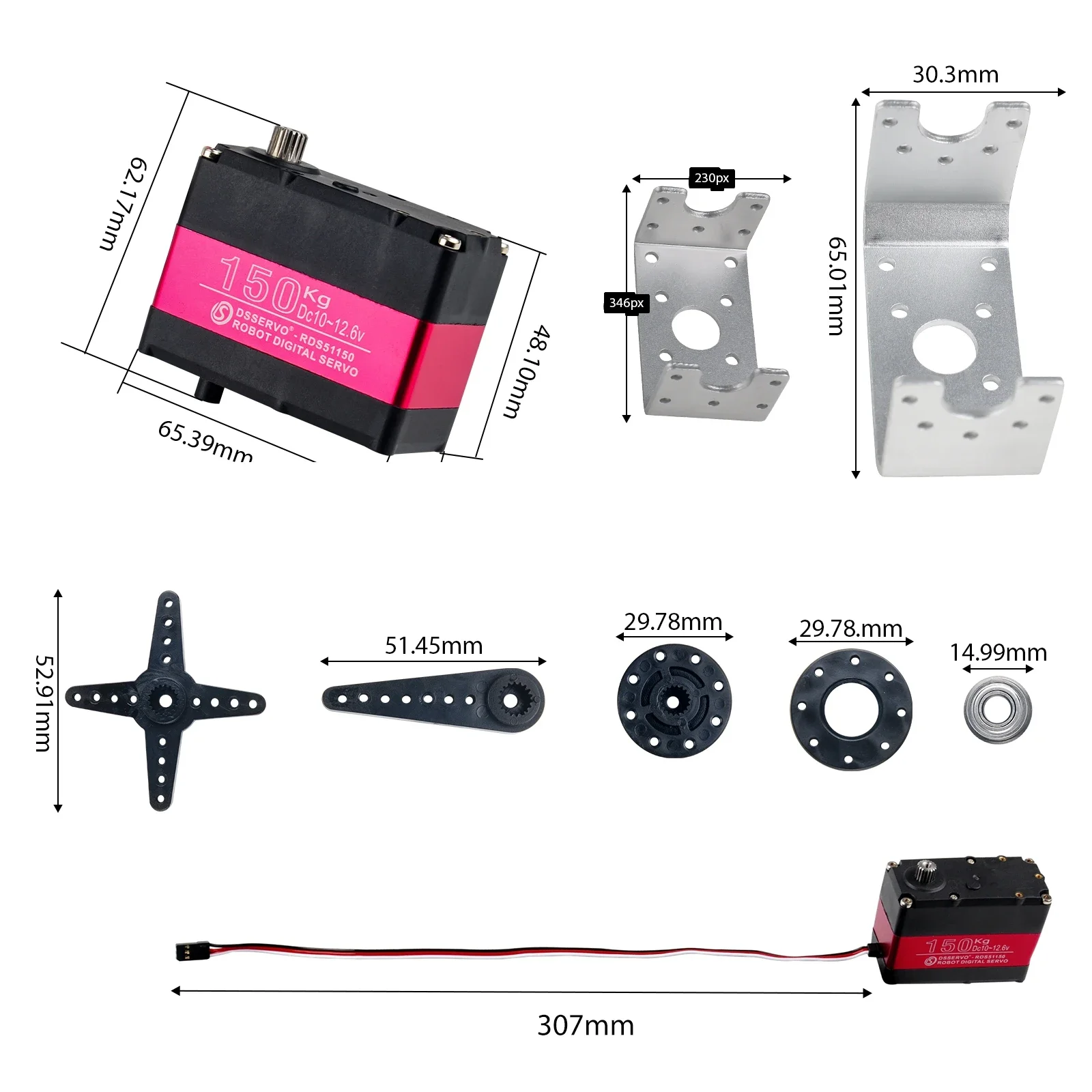 RDS51150 Metal Gear Digital Servo 150Kg Robotic Servo 12V 180/270 Degree Ip66 Double-Shaft with U Mounting Bracket for RC Car