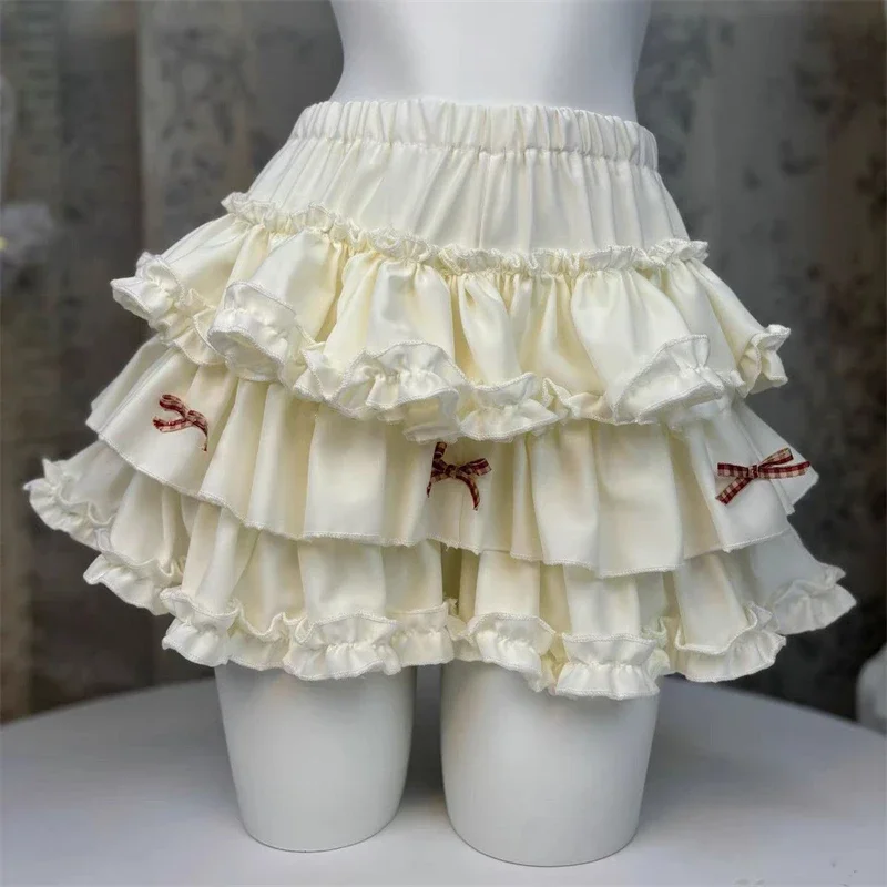 Sweet Fancy Lace Bowknot New Short Women Skirt Spricot White Ballet Cake Pumpkin Skirt Girl High Waist Slim Fluffy A-skirt Trend