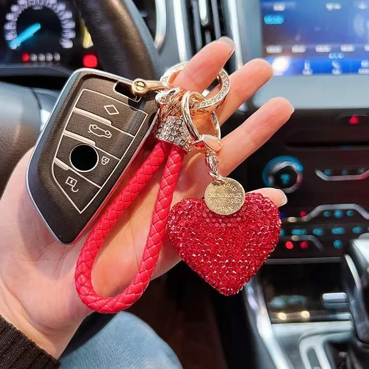 NEW Creative Ceramic Clay Full Diamond Love Key Chain Leather Rope Sticking Water Diamond Car Key Pendant Simple