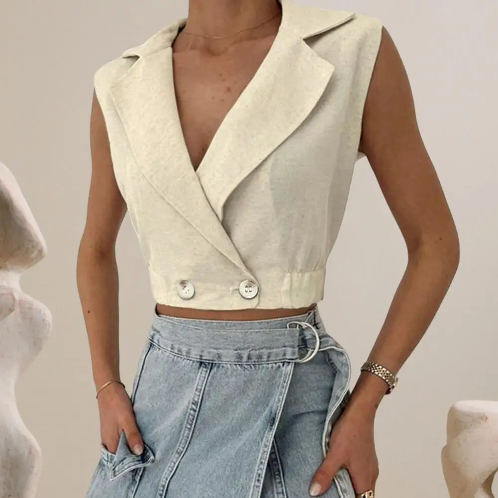 Solid Color V-neck Top Women Waistcoat Tops Stylish V-neck Cardigan Women's Elastic Hem Cropped Tops with Button Closure Summer