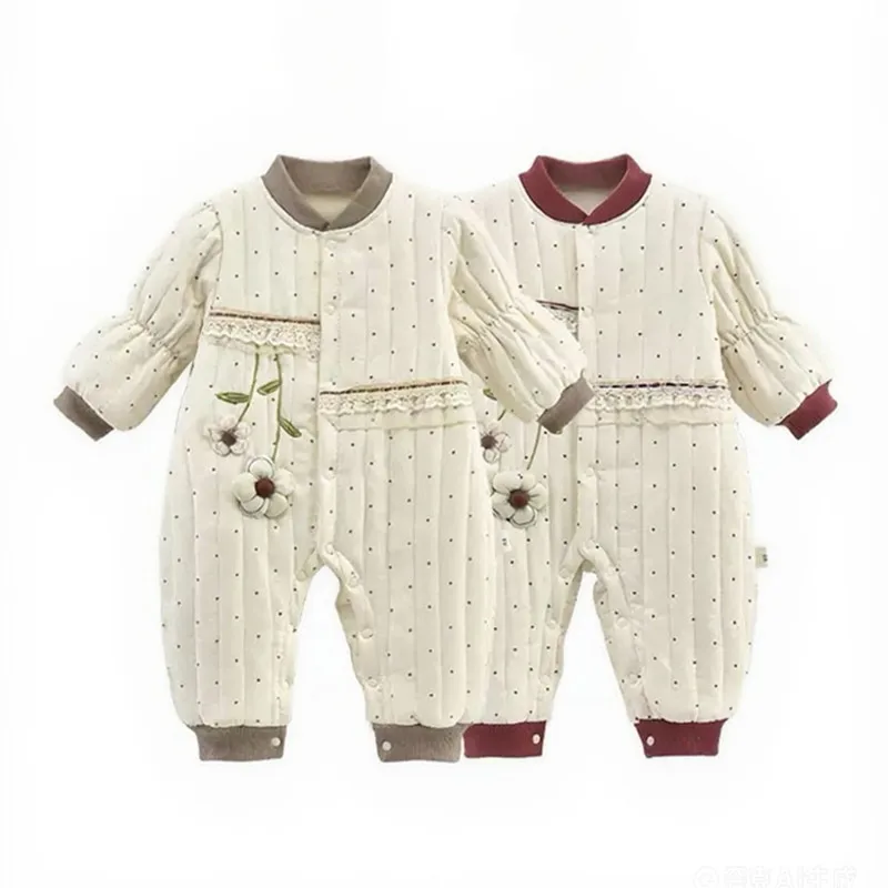 

Зимний комбинезон для маленьких девочек, кружевной зимний комбинезон принцессы, одежда для новорожденных, хлопковая стеганая куртка с вышивкой, плотные комбинезоны, От 0 до 2 лет