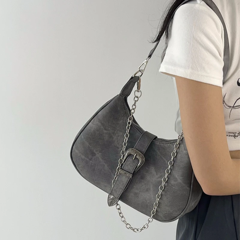 Vintage Gray Underarm Bags for Women Fashion Cool Girls All-match Chain Single Shoulder Bag High Quality Female Totes