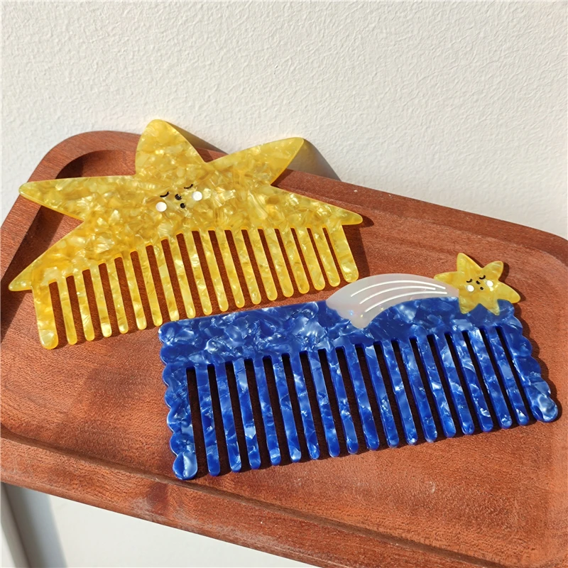 HANGZHI Yellow Cartoon Star Hair Combs Cute Blue Meteor Acetate Headwear Jewelry For Women Girls Birthday Gifts Hair Accessories