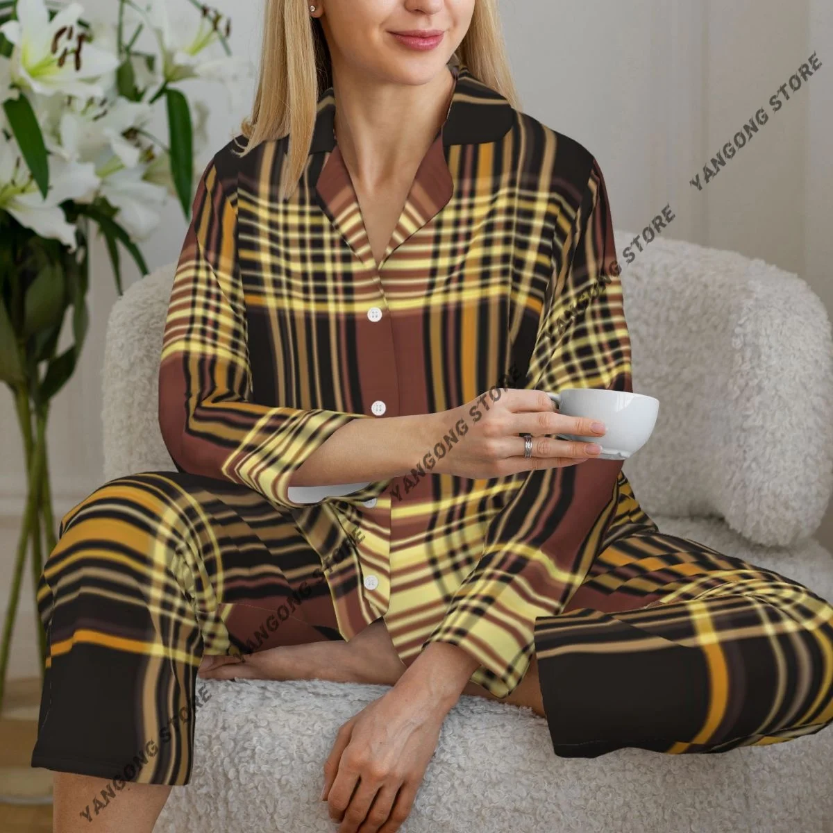 Women Sleepwear Pajamas Tartan Geometric Plaid Long Sleeve Pijama Female Set Negligee Cardigan Suit