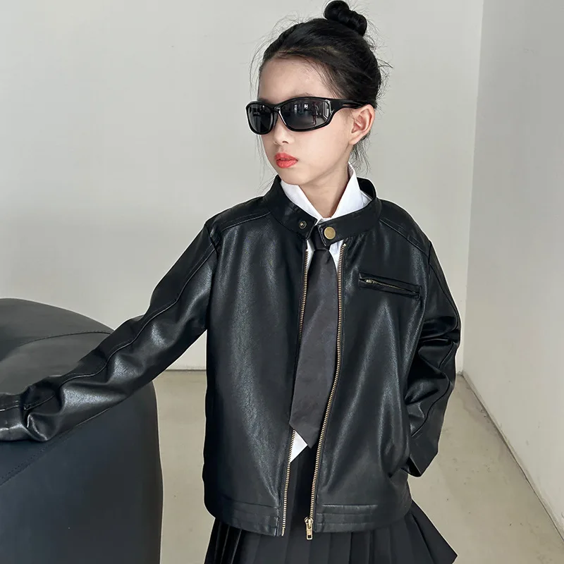 

Girl Pu Leather Jacket 2024 Spring Autumn New Black Fashion Blazer Leather Coats Teenage Outerwear Tops 3-16 Years Wz1373