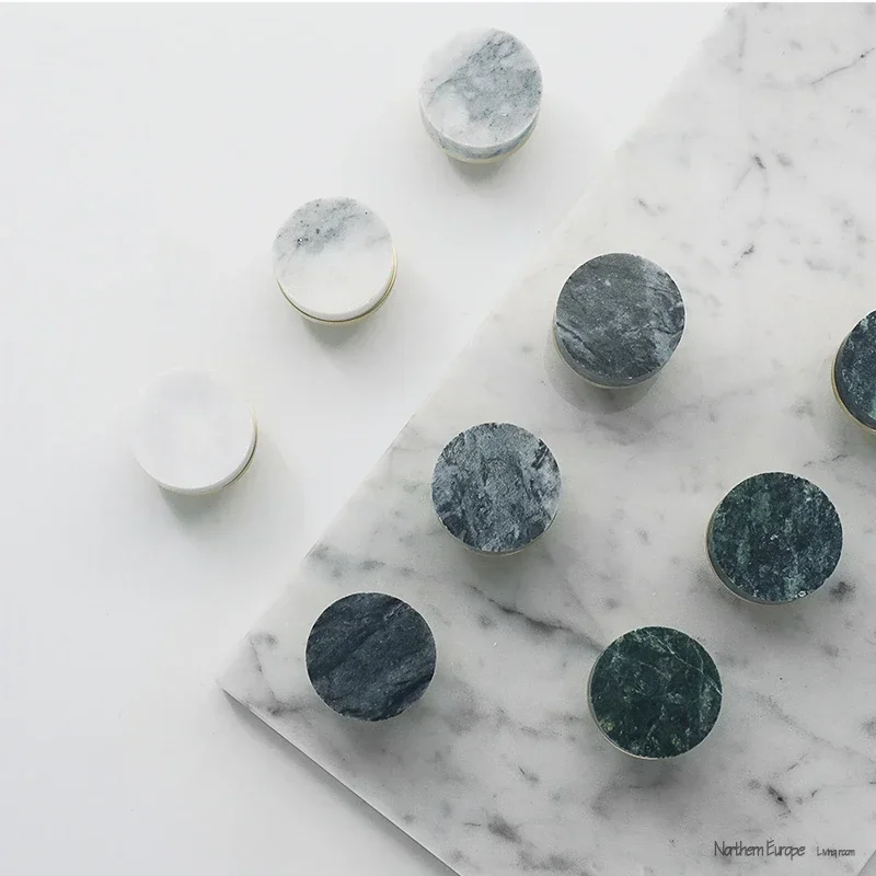 

Marble+Brass Nordic Cabinet Handles and Knobs Kitchen Bedroom Round Drawer Pulls Natural Stone Handle Furniture Hardware