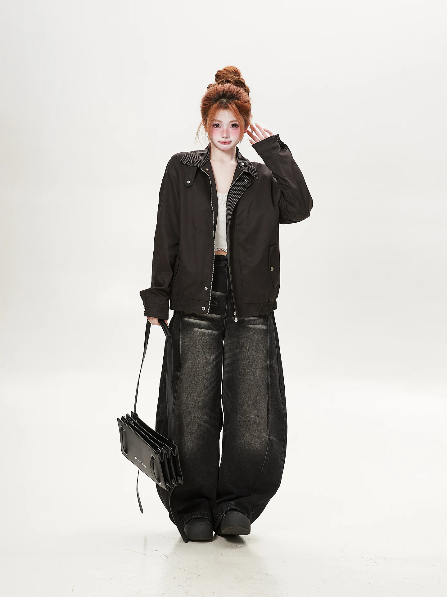 Retro American Tawny Collar Workwear Jacket Loose Men's Inner Stripe Short Outerwear Polyester Fiber Long Sleeve Zipper