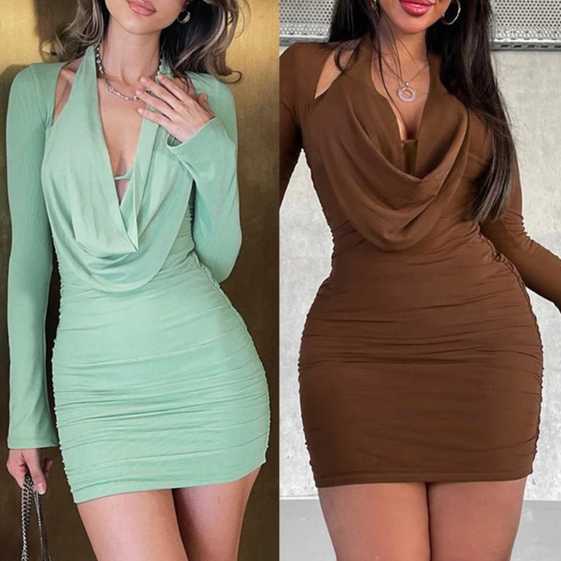 

Stylish Women's Long Sleevel Halter Neck Bodycon Pencil Mini Dress Perfect for Parties Dates and Vacations Cocktail Party