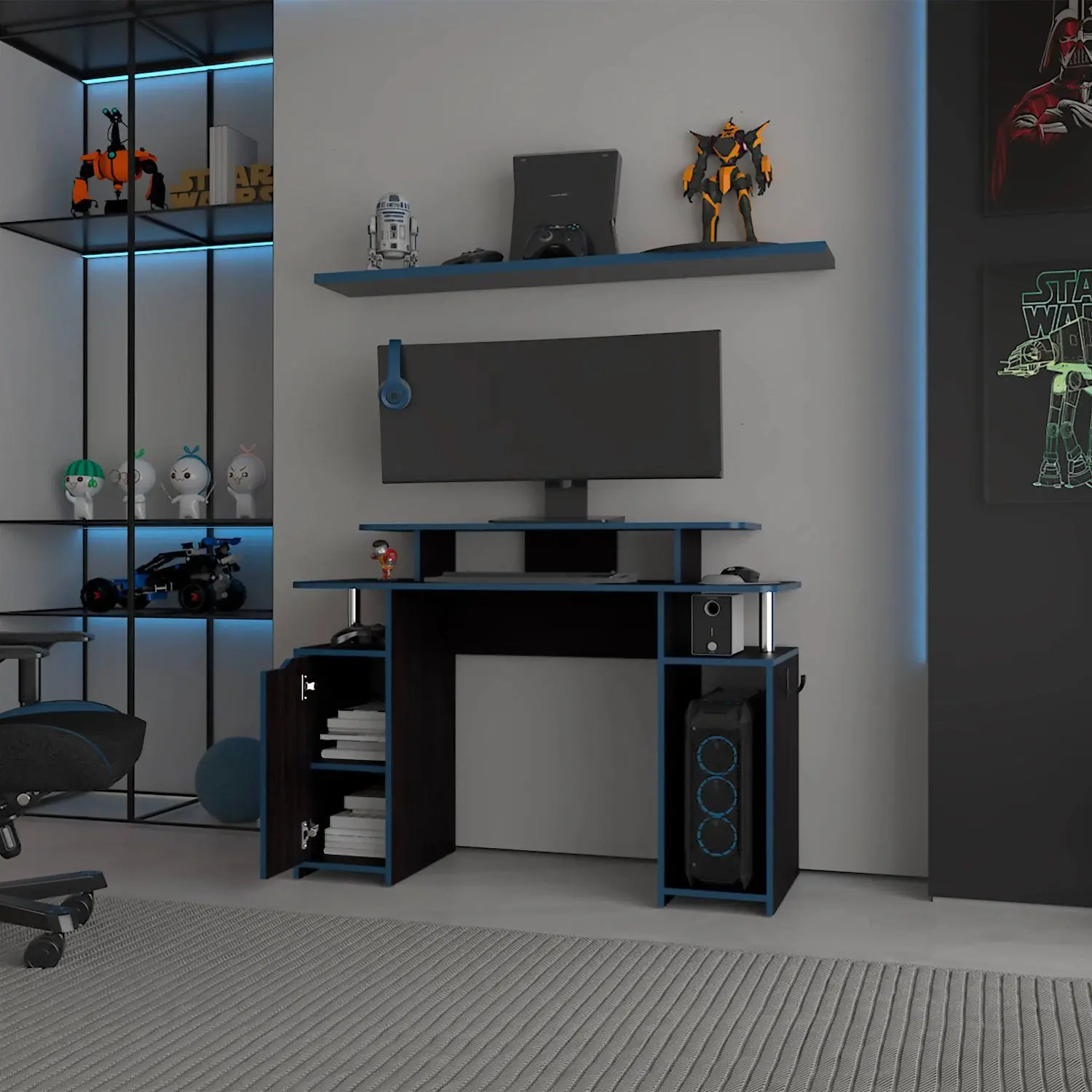 Blue Accents Minimalist Gaming Desk with Elevated Monitor Shelf for Gamers