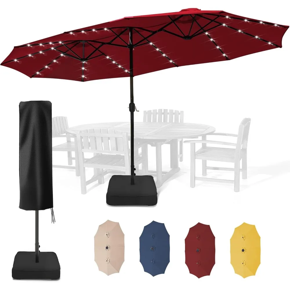 Patio Umbrellas for Double Sided with Base and Umbrella Cover, Solar Lights and Superior Rust Resistance, 15ft Outdoor Umbrella