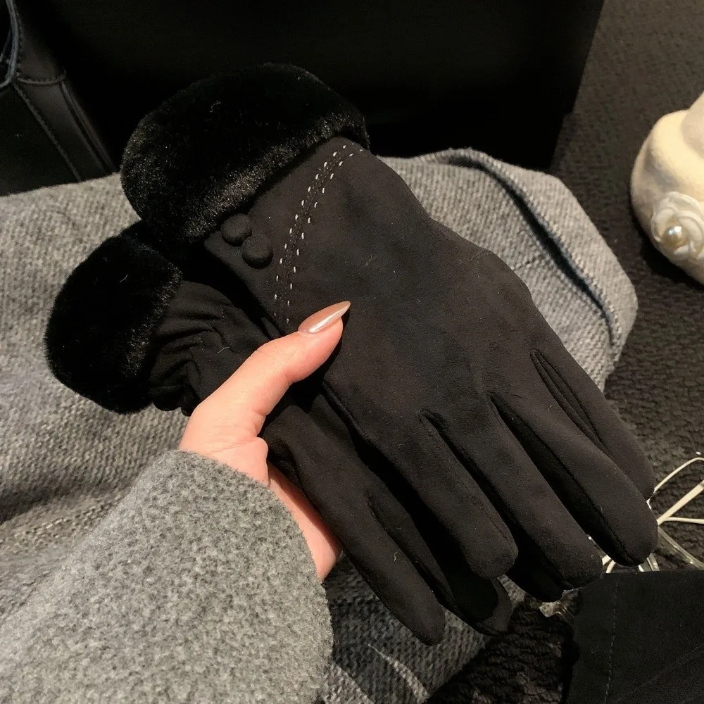 Faux Fur Trim Suede Winter Touch Screen Gloves Cold Weather One Size Windproof Thick Gloves Retro Fleece Lined Gloves