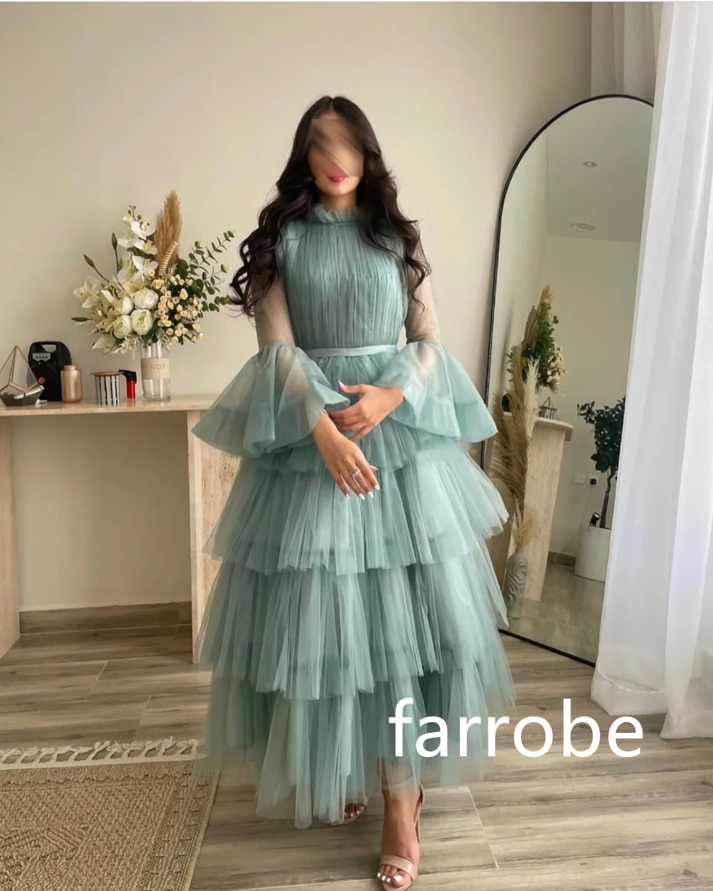 Customized Fashion Net Pleat Tiered A-line High Collar Midi Dresses Evening Dresses Classic Exquisite Modern Style Pastrol Unise