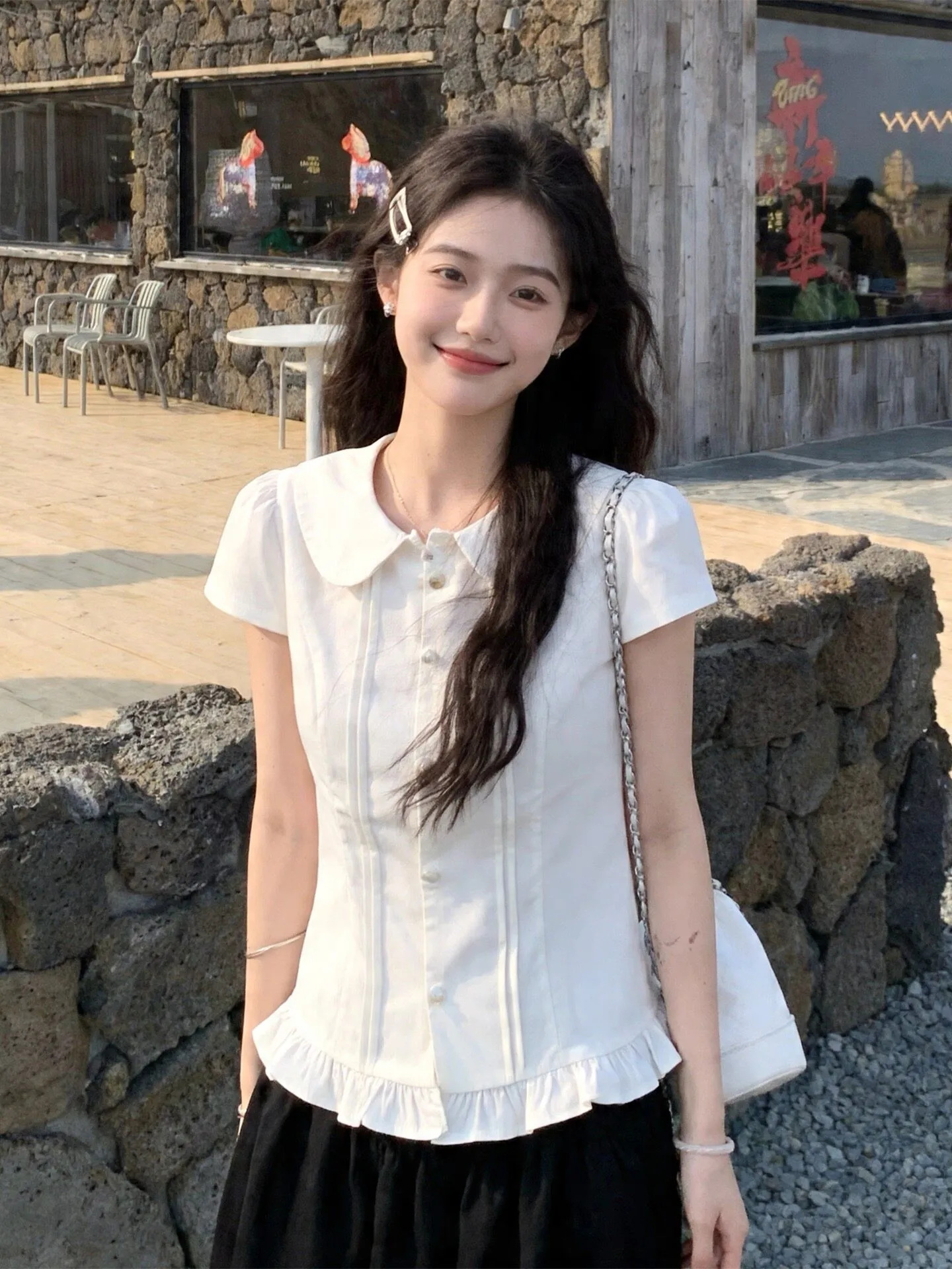

Sweet Doll Collar Ruffle Sleeve Short Shirt Women's Slim Fit Design Sensation Shirt Slimming Younger Short Top Summer