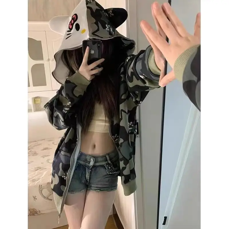 Hoşgeldiniz anlaşma amerikan Vintage trend Camo bahar ve sonbahar kış yeni stil gevşek tembel açık fermuar Kitty kedi ceket kadın Hoodie