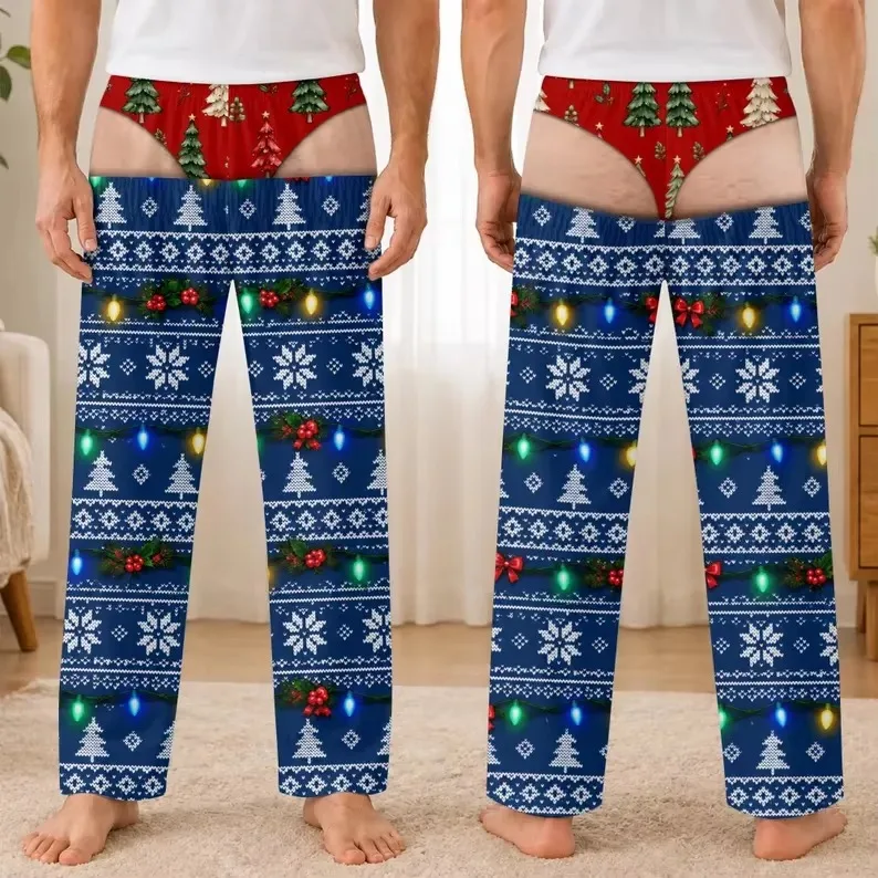 Men's funny Christmas and Halloween themed underwear with 3D printing, visually illusory, humorous and personalized long pants