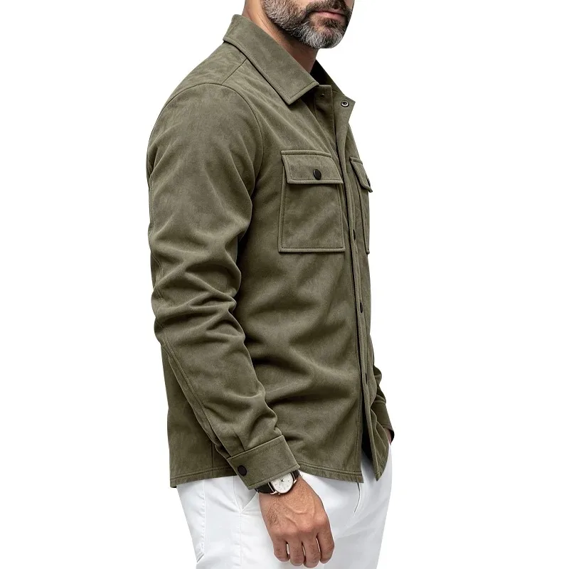 Men's spring and autumn single-piece faux suede collared casual long-sleeve jacket with front button and chest flap pockets