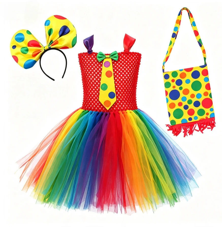 Rainbow Funny Circus Clown Polka Dots Decoration Puffy Mesh Tutu Dress With Colorful Headband Bag Halloween Carnival Party Wear