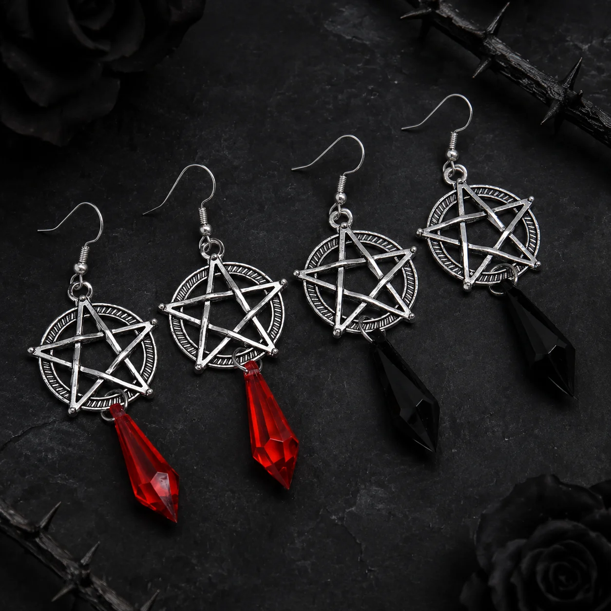 Gothic Pentagram Drop Earrings Red Black Crystal Point Pendant Star Circle Wicca Witchy Dark Aesthetic Women Accessories