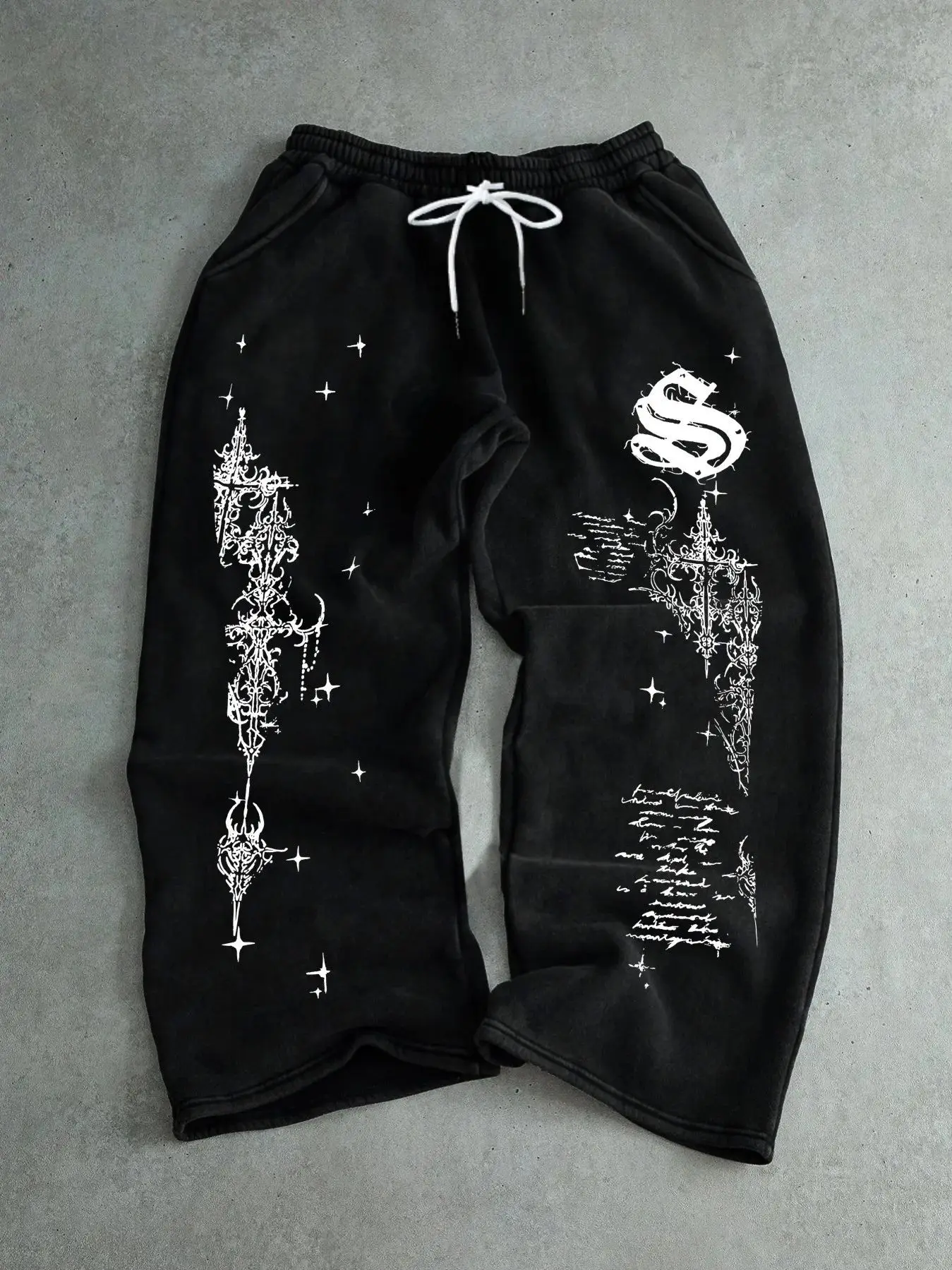 Men's Gothic-style Pattern Wide-leg Sports Pants, Loose and Straight Fit, Y2K Style Dark Punk Streetwear Casual Pants