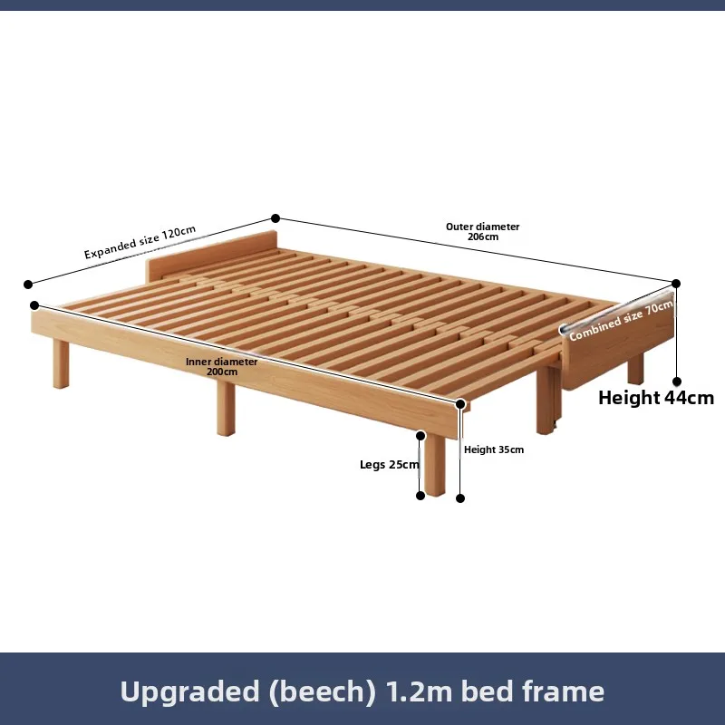 Solid Beech Wood Pull Out Sofa Bed Foldable Trundle Guest Bed for Small Space Living Room