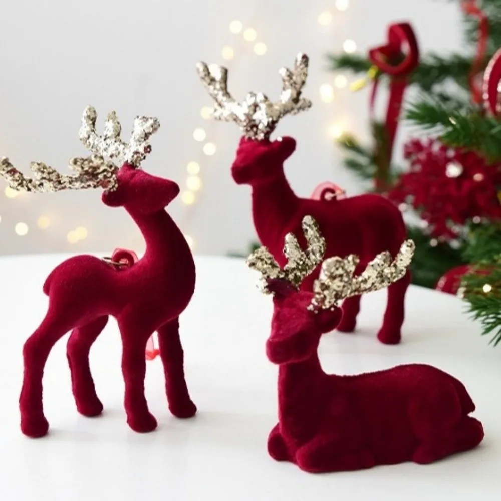 Funny Hanging Pendant Christmas Reindeer Ornaments Wine Red Flocking Deer Ornaments Reusable Mini Elk Ornament Christmas Party