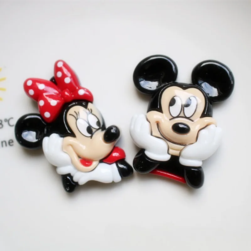 2pcs Cartoon Couple Mickey Resin Accessories DIY Mobile Phone Case Hairpin Charms Cute Bow Minnie Resin Flatback Cabochons