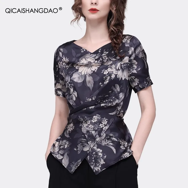 เสื้อผู้หญิงลายดอกไม้สไตล์วินเทจ ผ้าซาติน แขนสั้น คอวี ดีไซน์ไขว้ แฟชั่นลำลอง