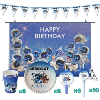 ASTRO BOT อุปกรณ์ตกแต่งงานเลี้ยงวันเกิดเกมธีมแบนเนอร์ถ้วยแผ่นสําหรับเด็ก