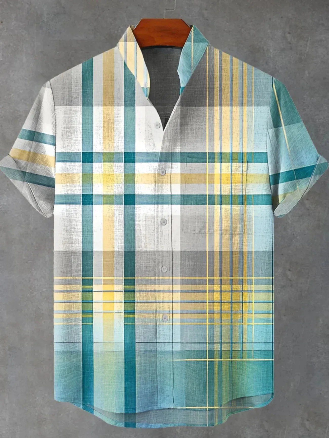 2026 Summer New Men's Art Printed Shirt, Geometric Splicing Pattern, High Quality, Short Sleeve Linen Casual Shirt