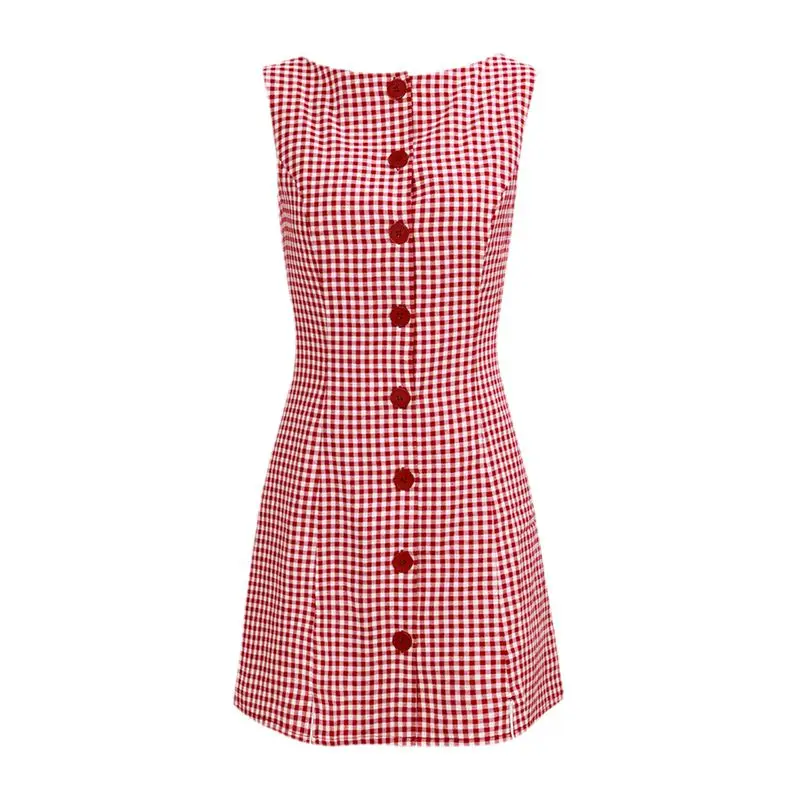 Combhasaki feminino 2025 verão elegante mini vestido xadrez sem mangas em torno do pescoço botão para baixo fino ajuste a linha vestido curto