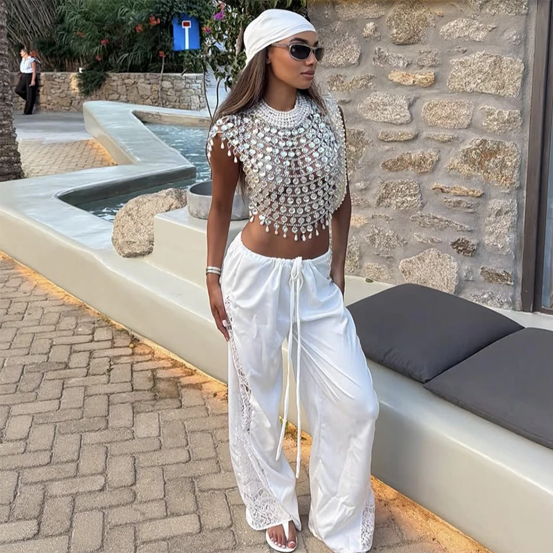 Handcrafted top pearl round neck with acrylic rhinestone cutout see-through backless short sexy woman summer island look