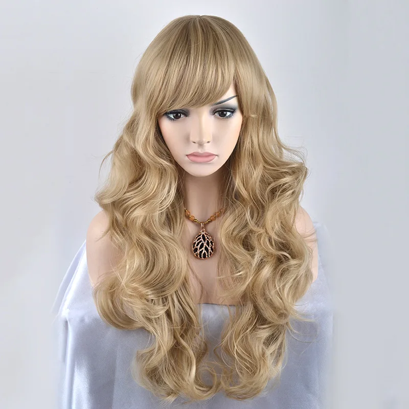 Vogue Long Brown Synthetic Natural Wave Machine Wig Heat Resistant Fiber Cosplay For Women