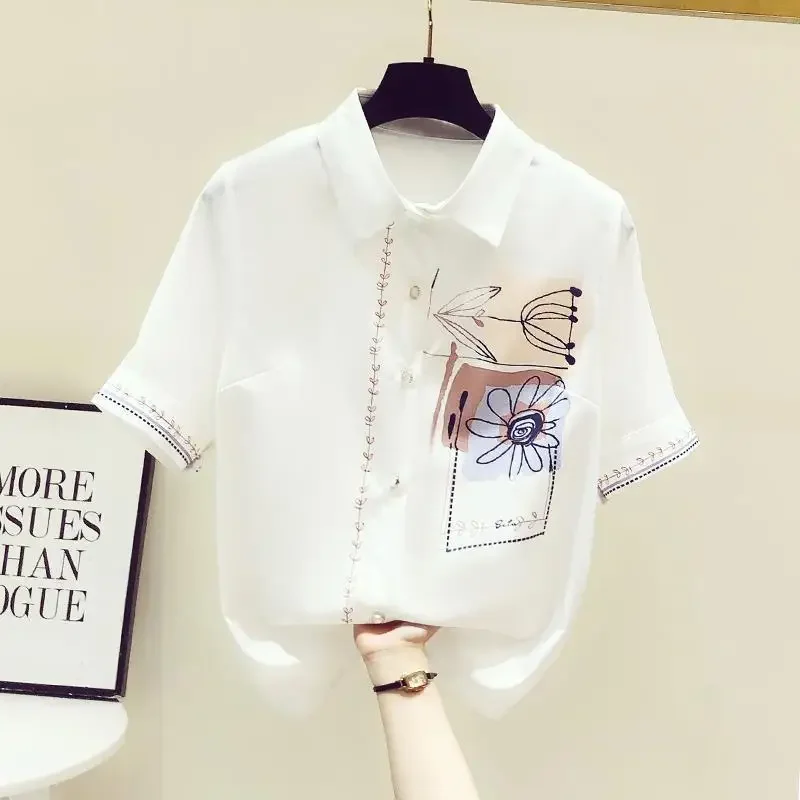 Women's Chic Fashion Chiffon Summer New Solid Color Commute Blouses Short Sleeve Polo-Neck Single-breasted Loose Printed Shirts