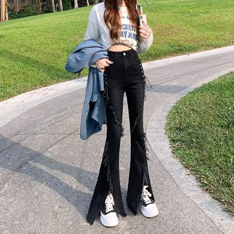 New Black Split Y2k Pantalones High Waist Long Flare Pants Denim Zipper Fly Full Length Jeans Chic Women Streetwear Harajuku