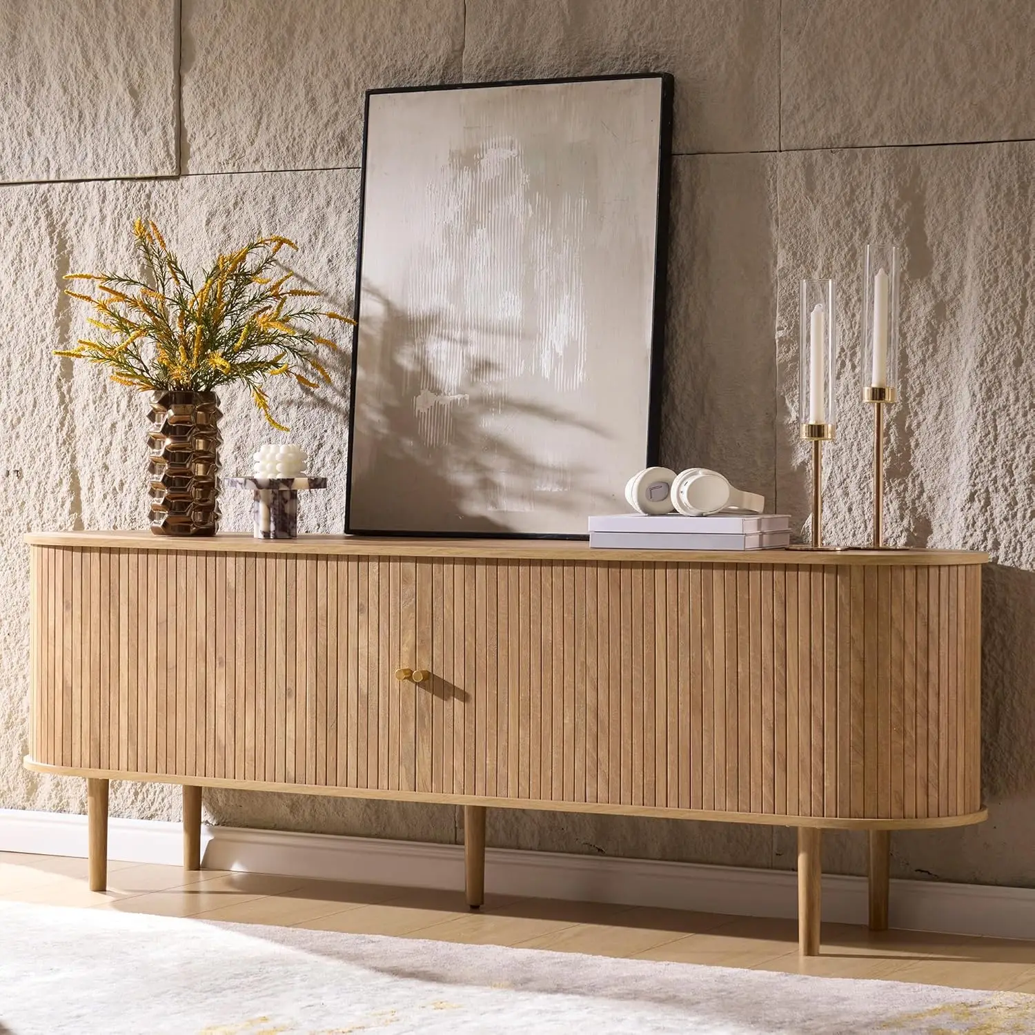 

Тумба под телевизор в стиле Mid-Century Modern, 70 дюймов, консоль для телевизоров до 80 дюймов, медиаконсоль из рифленого дерева с отсеками для хранения, массив дерева