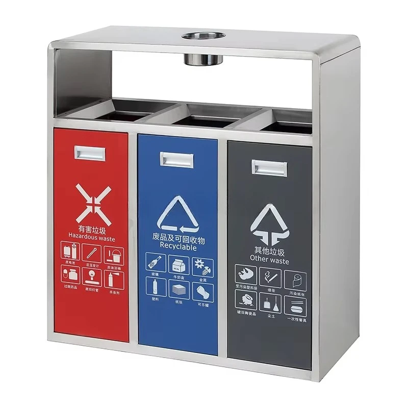 Commercial Stainless Steel Rectangular Recycle Bin with 3 Compartments Standing Structure and Without Lid Trash Can Dust Bin
