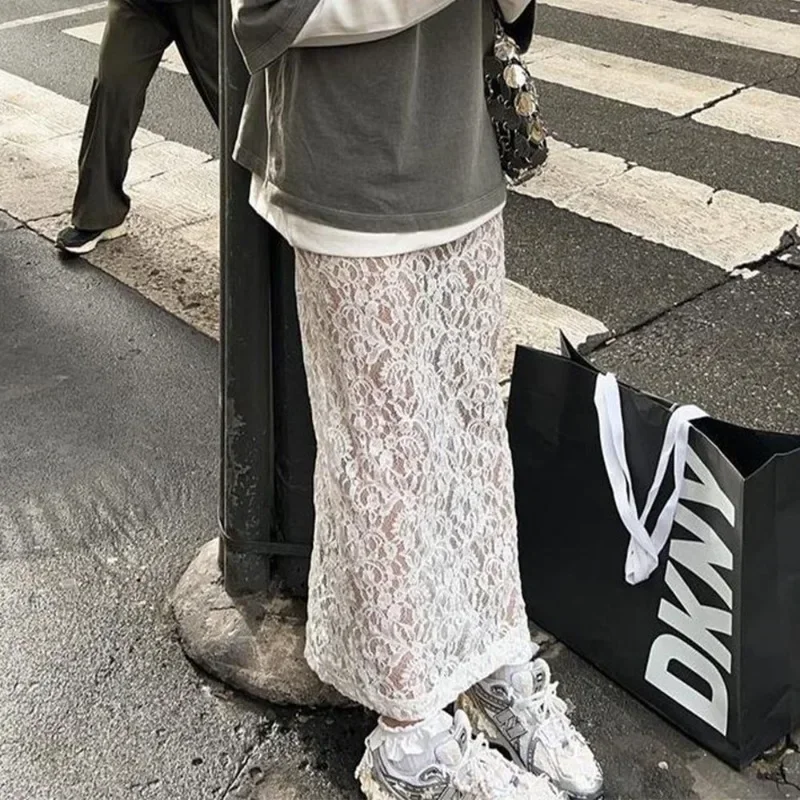 

Кружевная длинная юбка с разрезом, женская белая кружевная юбка трапециевидной формы, повседневная однотонная женская длинная юбка для отпуска, уличная одежда