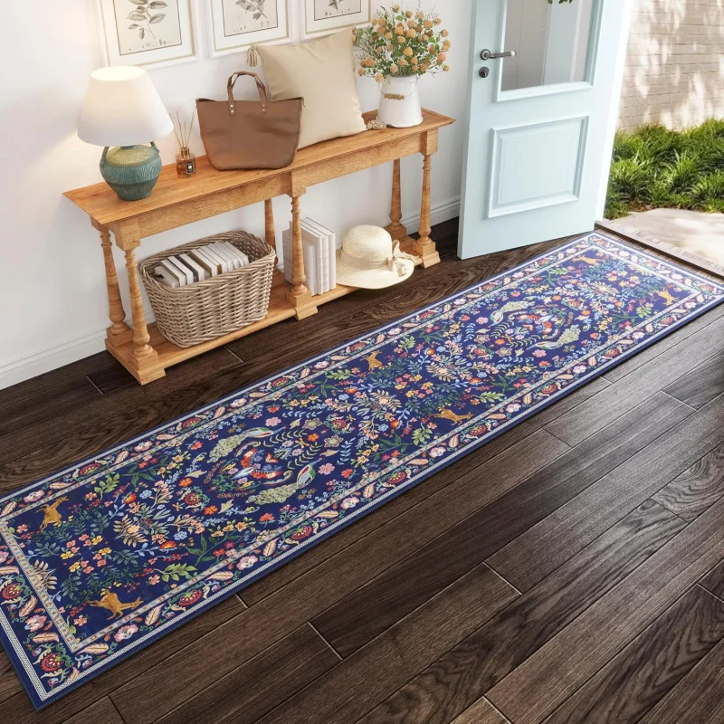 VIKAMA Vintage Ethnic Floral and Bird Rug Durable Non-Slip Kitchen Corridor Hallway Mat Bedside Rug for Bedroom Home Decor