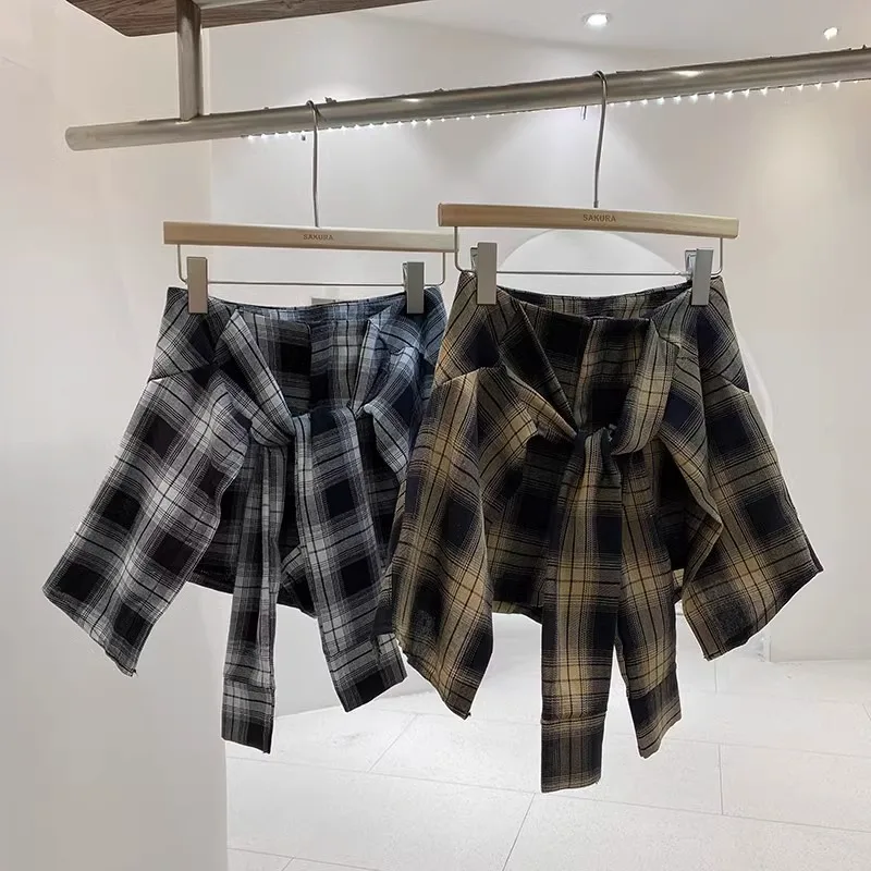 

2024 Spring Summer New Vintage Elegant Spicy Girl Plaid Irregular Tie A- Line Skirt Shorts Women'S Fashionable Hong Kong Style