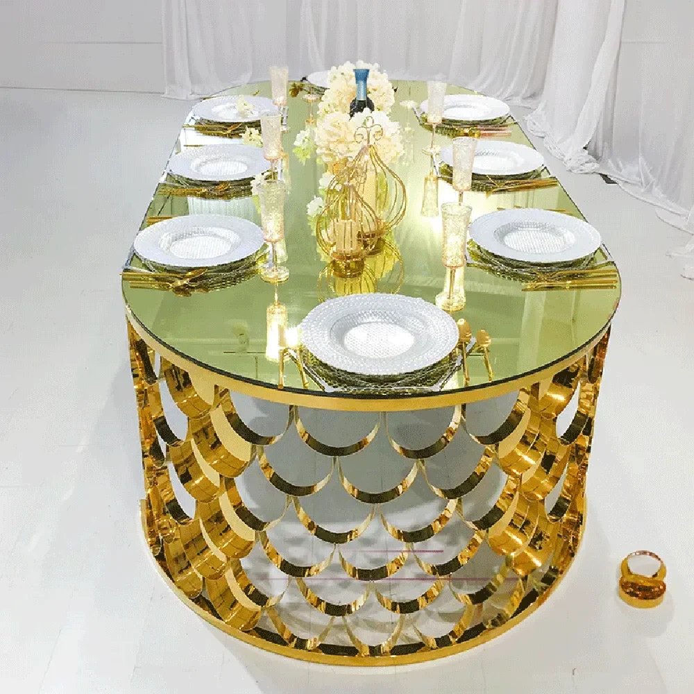 Luxury Dining Table Set Wedding Furniture Glass Top Fish Scale Gold Modern Design 8 Seater