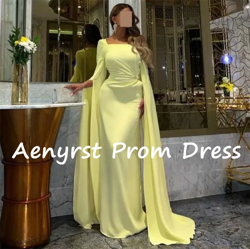 Aenyrst Gelbes Chiffon-Abschlussballkleid mit quadratischem Kragen, Meerjungfrau, lange Ärmel, Abendkleider, maßgeschneidertes bodenlanges