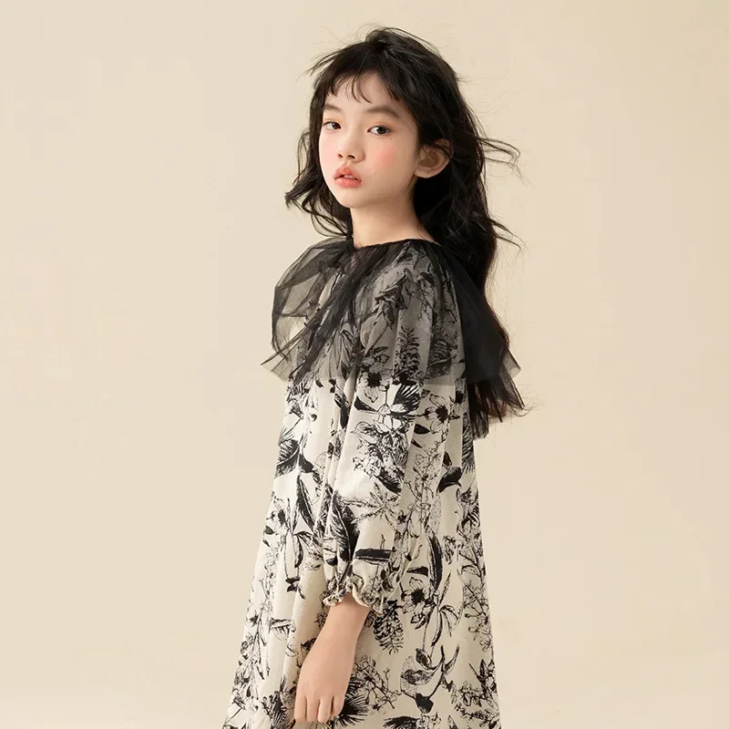 Girls Dress Summer 2023 Printed Fashion Puff Sleeve Mesh Collar Princess Dress for Kids Casual Loose Teen Children Clothes