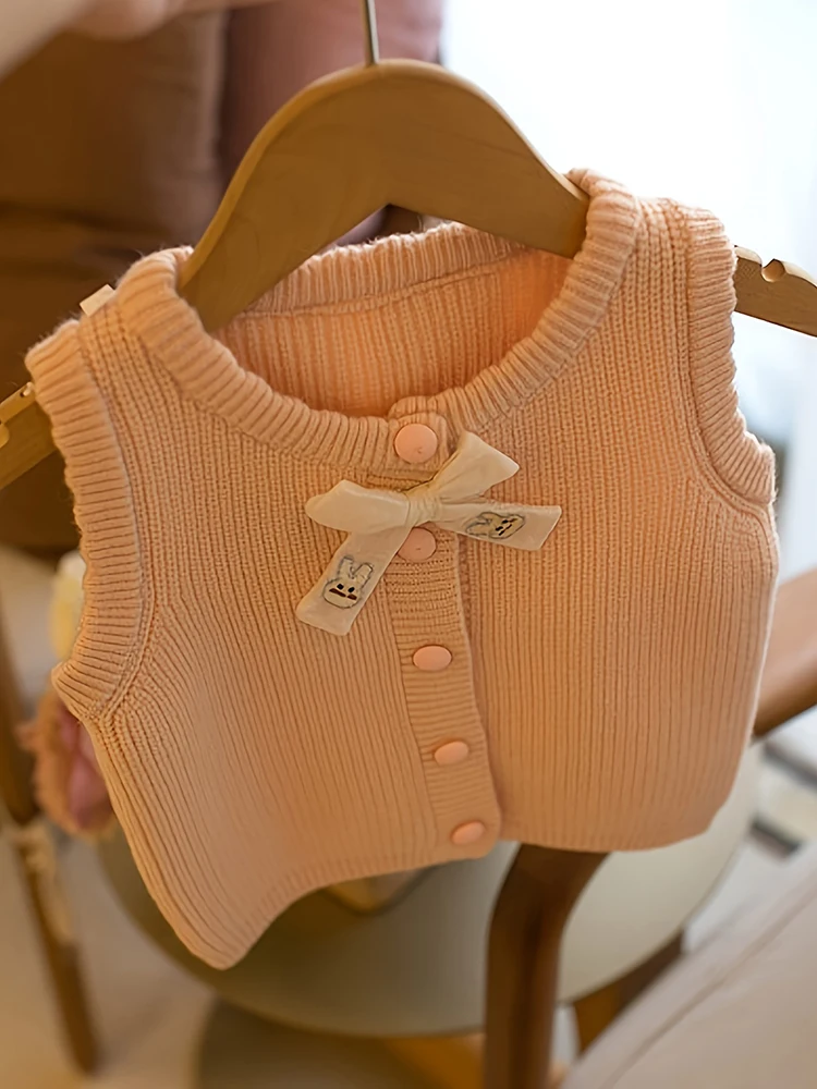 Girls 2024 Bunny Ear Cardigan Vest Spring Autumn Sweater Princess Cream Fashion Sweet Style Top Baby Clothing Cute Knitted Vests