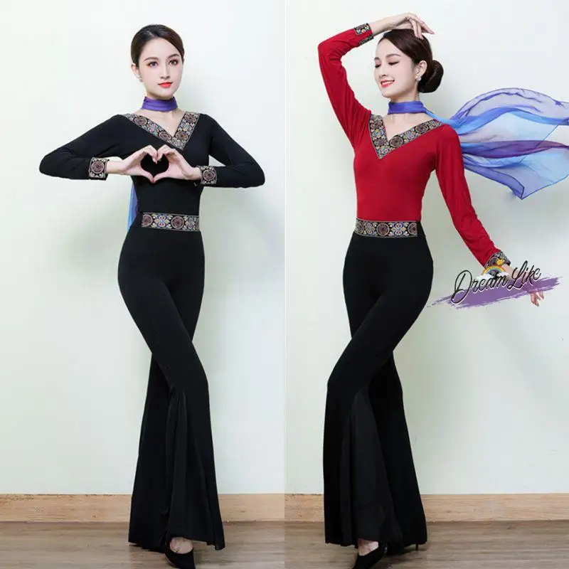 

Modern Dance Fitn Clothes Ethnic Trainer Training Suit Faion ow Costume National Embroidery Square Dance Suit Modal Yo...