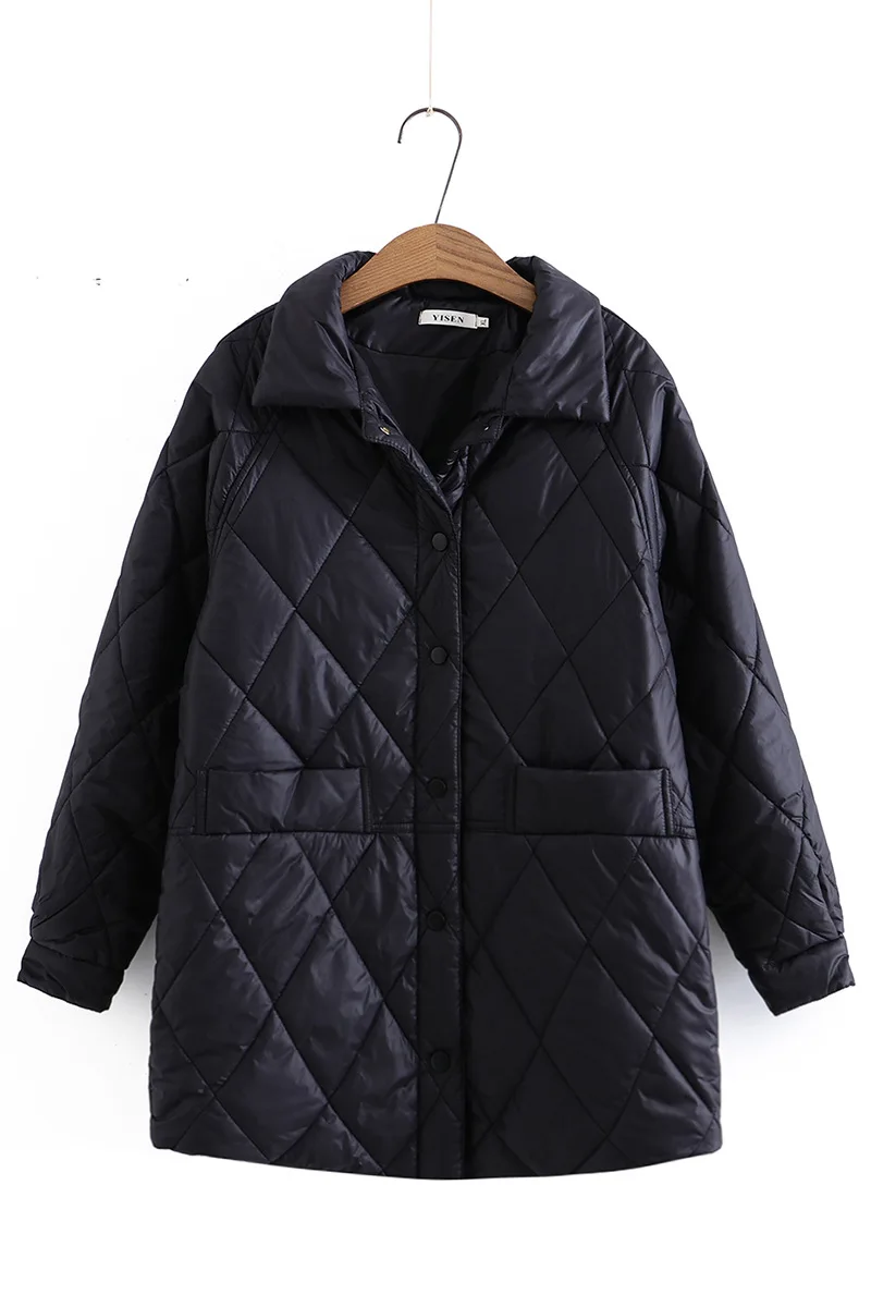 Autumn Winter Cotton Padded Jacket Women New Korean Lapel Oversize Loose Diamond Plaid Mid-Length Cotton Coats Female Outerwear